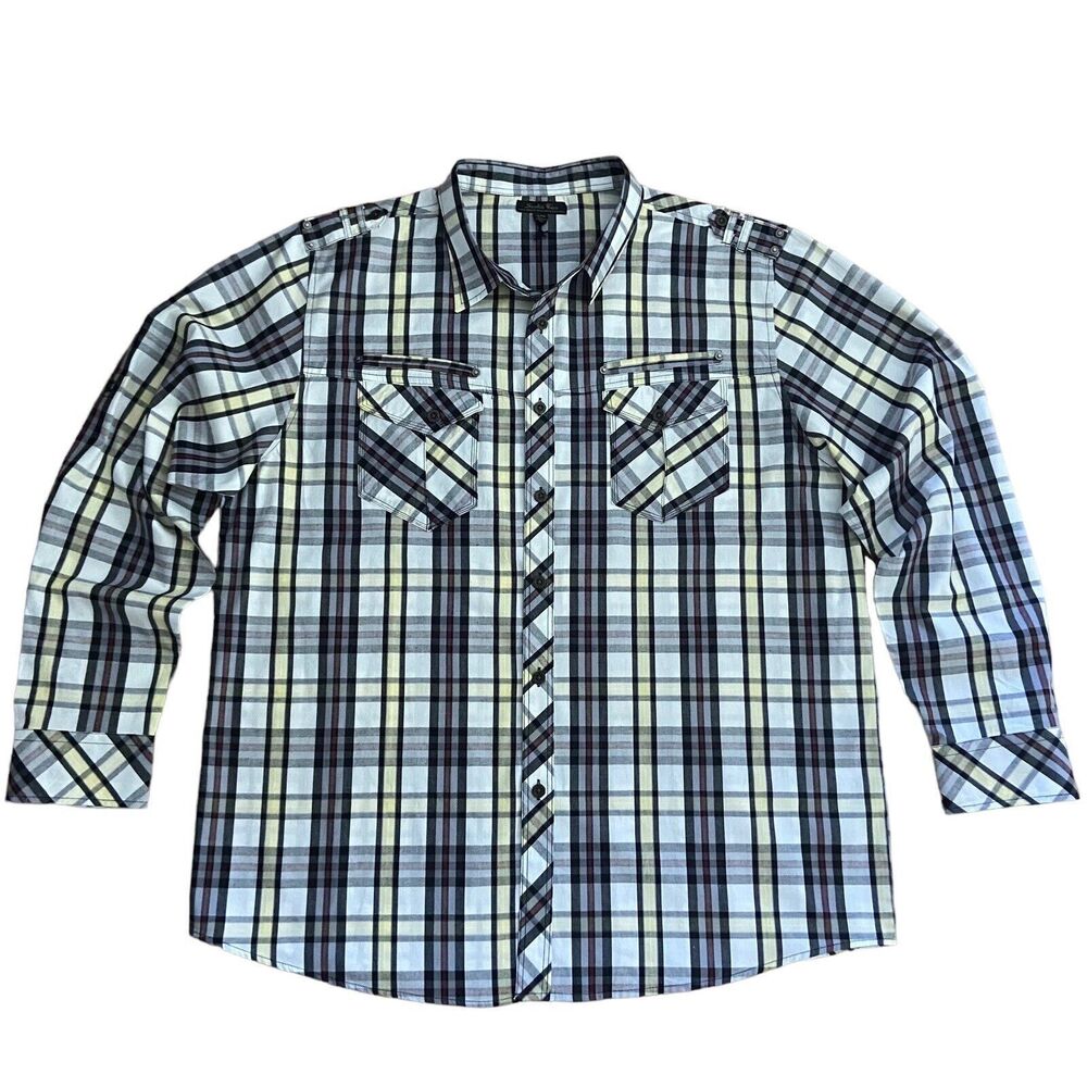Smoke Rise Men Plaid Button Up Roll Up Long Sleeves Shirt Size 3XL 100% Cotton
